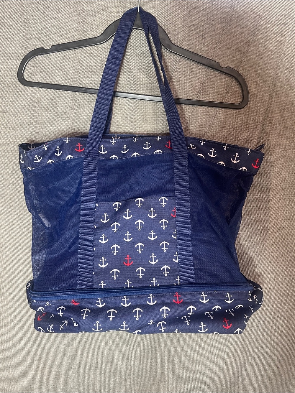 Nautical Coastal Mesh Beach Bag Tote Cooler Navy Blue Anchor Print Preppy